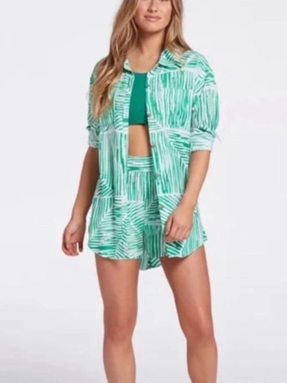 Calia Green Long Sleeve Button Down Utility Shirt Cover Up